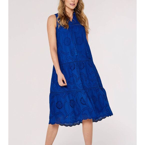 APRICOT Tassel‎ Broderie Midi Dress Blue Sz 8 - Picture 1 of 6